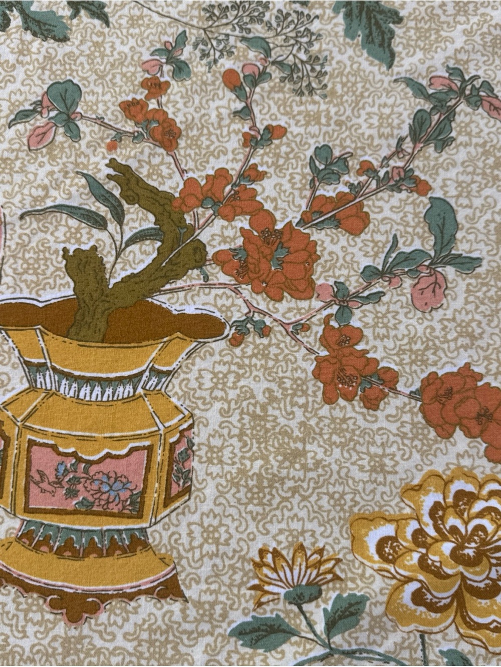Vintage 60” Round Tablecloth Floral Asian Vase Print Pink Gold Cottagecore - Picture 4 of 6